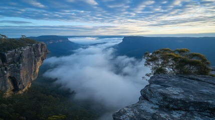 Naklejka premium Misty Mountain Majesty: A Breathtaking Dawn in the Blue Mountains