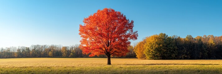 Vibrant Red Maple Tree in Autumn Field Landscape