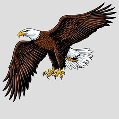 Obraz premium A majestic bald eagle in mid-flight with wings fully spread, showcasing detailed feathers. The eagle's sharp eyes and beak are prominently visible, and its talons are extended as if preparing to land 
