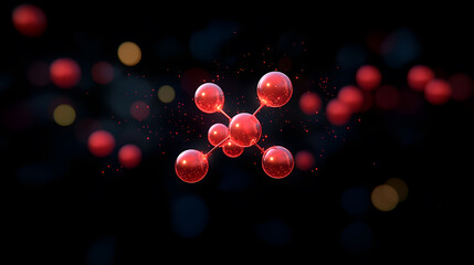 An oxygen molecule (O2) visualized with glowing red spheres and dynamic particle effects, floating in a black void, during a digital scientific rendering