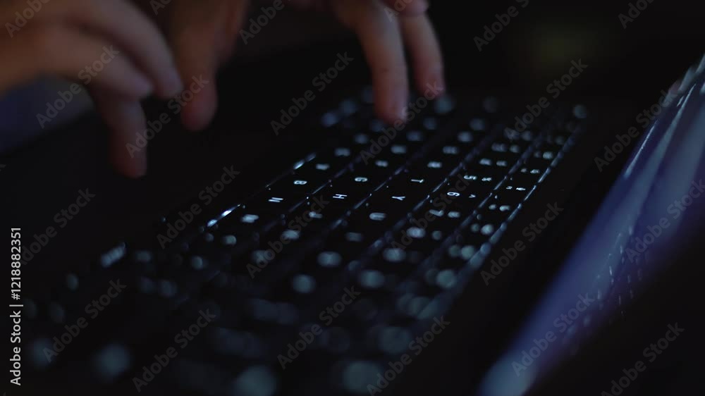 Poster this is a closeup view of hands actively typing on a sleek, backlit keyboard, set against the backdr