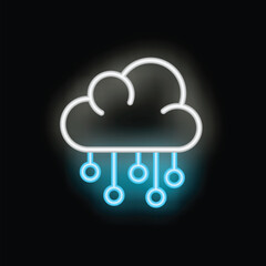 Neon icon of a cloud with data raining from it on a black background