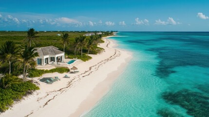 Fototapeta premium Luxury Beachfront Villa Paradise: Turquoise Waters & Pristine Sands