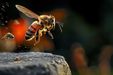 A close-up photo of a bee in mid-flight, showcasing its intricate wings and vibrant colors against a blurred, colorful background.