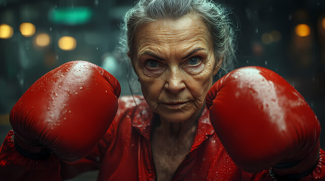 Experienced female boxer training indoors while wearing bright red gloves and focused expression in a gritty setting
