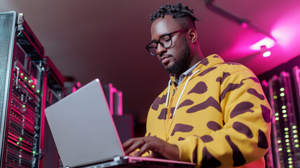 Energized engineer using laptop in dynamic server environment, showcasing focus and innovation. vibrant atmosphere enhances tech savvy vibe of scene