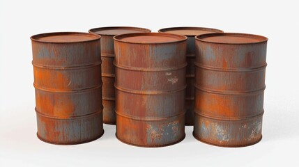 Naklejka premium 3D model of rusted oil barrels on a white background