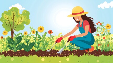 Woman Gardening in a Sunny Flower Garden