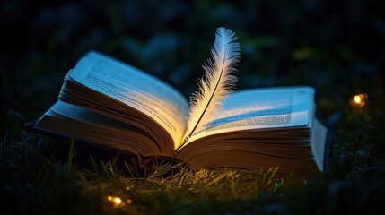 Open book with an ink quill above it during night, dreamy illustration