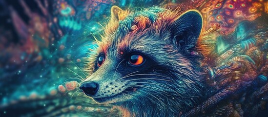 Obraz premium Celestial raccoon vision or spirit, psychedelic imaginary creature,
