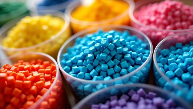 Close-up of colorful plastic pellets in a container.