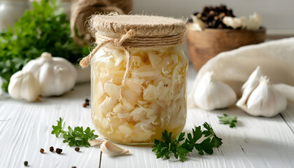 Fermented garlic in jar. Vegetarian food concept