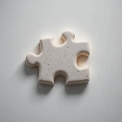 Obraz premium A single off white puzzle piece with a textured surface and speckled details, softly lit to create a subtle glow and faint shadow on a gray background.