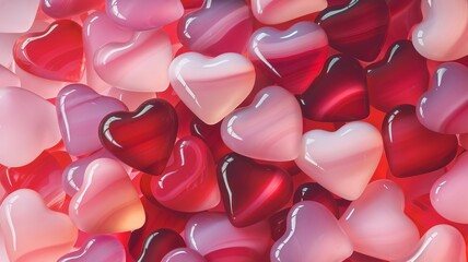 Heart shaped candies in various shades of pink and red.