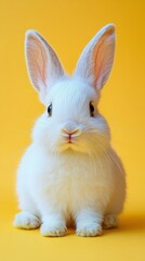 Adorable white bunny rabbit on yellow background