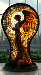 Obraz premium Round stained glass angels, with mainly white backgrounds, light shining through their wings, lush green plants and trees on the ground, and 3D stained glass angels.