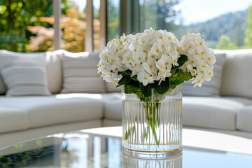 A luxurious bouquet of white orchids in a stylish glass vase sits on a reflective coffee table in a bright living room, creating a fresh and elegant atmosphere.  

