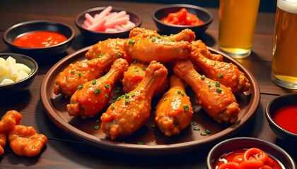 A large serving of Korean fried chicken wings and drumsticks with spicy sauce