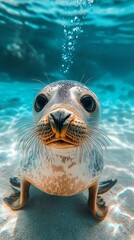 Fototapeta premium Curious seal pup underwater, close-up