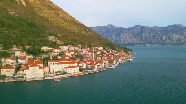 Bell Tower of Saint Nicholas in Perast, Montenegro - aerial view