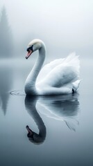 Obraz premium Serene swan gracefully gliding on a misty lake.