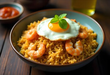 A Bowl Of Indonesian Nasi Goreng With Fried Rice, Chicken, Shrimp, And A Fried Egg On Top, Garnished With Fresh Cucumber