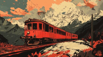 Winter. The train travels in the mountains
