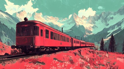 Winter. The train travels in the mountains
