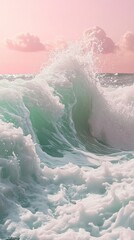 Fototapeta premium Ocean wave crashing, sea foam, pink sky