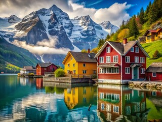 Fototapeta premium Colorful Lakeside Village House with Snowy Mountains - AI Photo