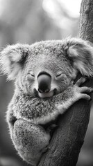 Sleeping Koala Cuddled on a Tree Trunk