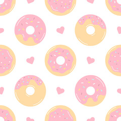 Donuts vector seamless pattern. Pink donuts with hearts. Cute coquette core pattern. Valentine's day wallpaper, print, design menu bakery, covers, phone cases, wrapping paper. Children background