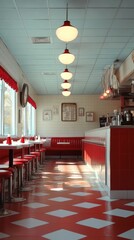 Retro diner interior with red booths and checkered floor