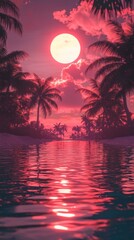 Pink sunset over tropical lagoon