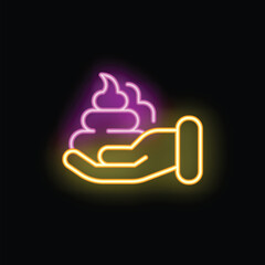 Neon sign of a hand holding poop glowing on a black background