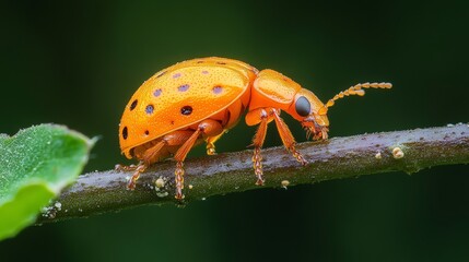 Fototapeta premium Detailed macro view of an orange ladybug with black spots walking on a twig