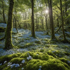 "A dreamlike forest in full bloom, with delicate wildflowers carpeting the forest floor. The air is fresh and clear, with sunlight filtering through the canopy of trees, casting beautiful patterns on 