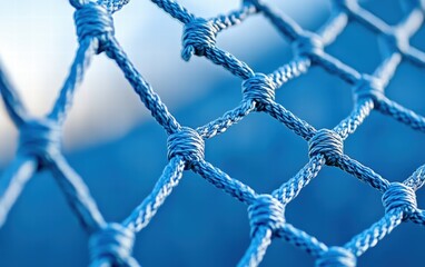 Fototapeta premium Intricate Blue Netting: A Close-Up View of Knotted Cords Against a Blurred Blue Sky.