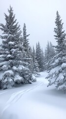 Fototapeta premium Snow-covered pines and a snowy path.
