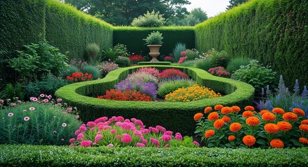 Obraz premium Rounded hedge walls framing vibrant garden floral beds beautifully