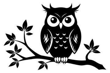 owl sitting on a-tree branch line art silhouette vector illustration