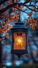 Illuminated lantern hanging from a blossoming tree branch.