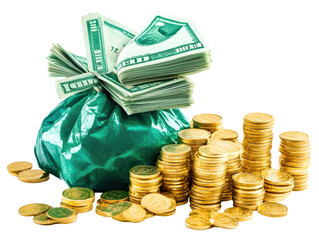 Isolated Money Bag and Gold Coins