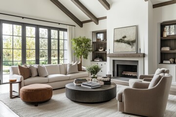 Fototapeta premium Modern living room with fireplace and large windows