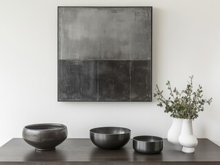 Modern grayscale artwork with minimalist bowls and vase.