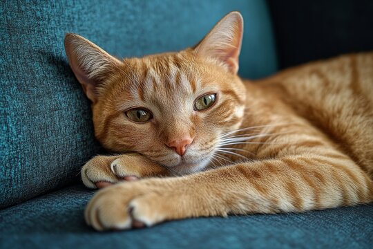Orange tabby cat resting on teal couch