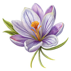 Botanical illustration, crocus flower, delicate purple petals, golden stamen, intricate details, watercolor texture
