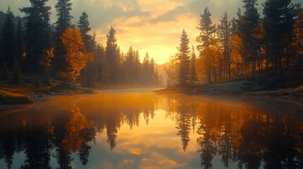 Fototapeta premium Autumn sunrise river reflection forest landscape