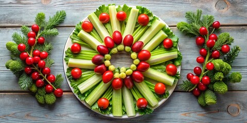 Creative Christmas Veggie Wreath - Celery Cucumber Tomatoes