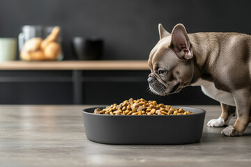 French bulldog eagerly eating from gray elevated food bowl, surrounded by modern kitchen setting